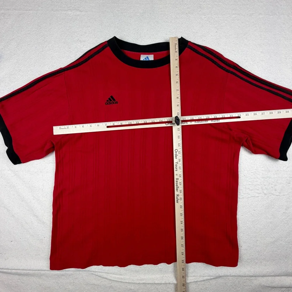 Adidas Vintage Red Ringer T-Shirt Mens Large Black 3-Stripe Ribbed Cotton Tee